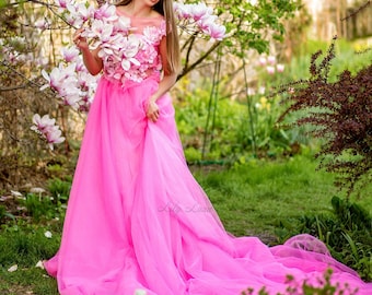 Roze Tule Jurk Zwangerschap Infinity Fotoshoot, Bruidsjurk met Lange Sleep, Maxi-jurk, Formele Gebeurtenis, Zwangerschapsjurk met Bloemenkant, Babyshower