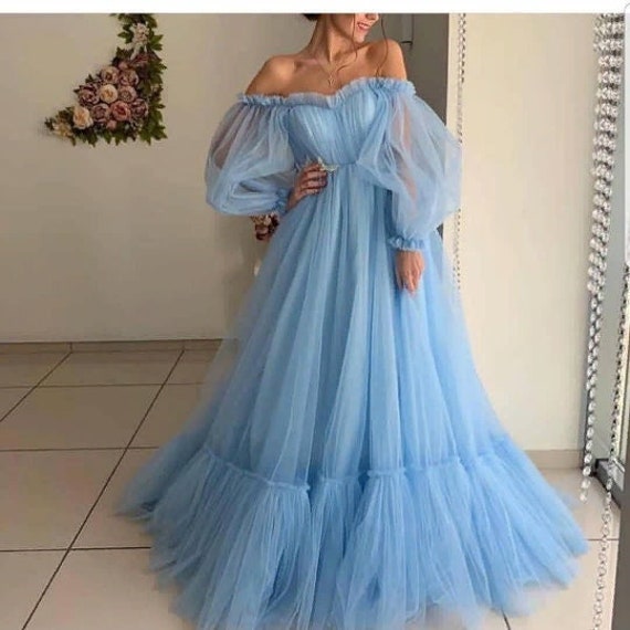 Off The Shoulder Blue Tulle Puffy Sleeve Party Dress Off The Shoulder Blue Tulle Puffy Sleeve Party Dress