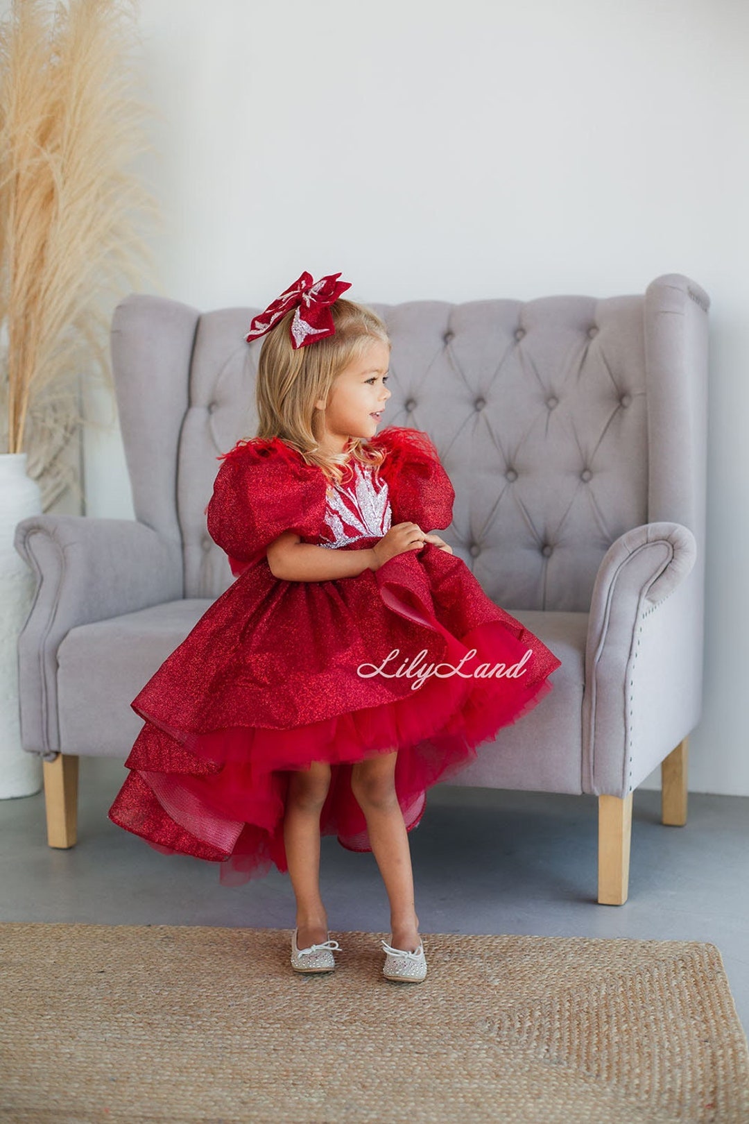 Red Sparkly Flower Girl Dress Christmas Junior Princess Gown for Wedding Pageant