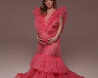 Maternity Dress For Photoshoot, Ruffles Tulle Dress For Woman, Transparent Maxi Dress, Short Puffy Sleeve, Photoshoot Pregnancy Outfit