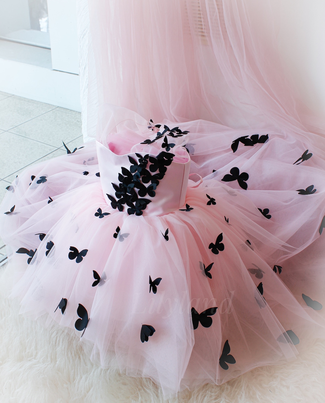 Cute baby butterfly dress soft pink, Black and pink little butterfly baby first birthday party tutu, little butterfly theme toddler girl