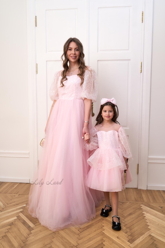 Blush Pink Sparkling Matching Mommy Me Birthday Dress, Wedding Guest Junior Bridesmaid Mother Daughter Wear, Photoshoot Holiday Prom Gown