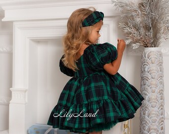 Green Plaid Christmas Baby Girl Dress, Short Puffy Sleeve, Tutu Flannel Prom Gown, Winter Holiday Birthday Dress, Xmas Photoshoot Wear