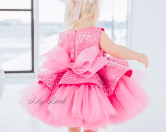 Pink Birthday Baby Girl Dress, Flower Girl Dress, Sequined Tutu Toddler Dress, Prom Ball Gown Party Dress, Special Occasion Dress