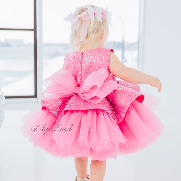 Pink Birthday Baby Girl Dress, Flower Girl Dress, Sequined Tutu Toddler Dress, Prom Ball Gown Party Dress, Special Occasion Dress