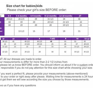 May include: A size chart for baby and toddler girls' clothing, with measurements in inches. The chart includes sizes from 0-3 months to 10 tall. The chart is printed on a purple background with white text.