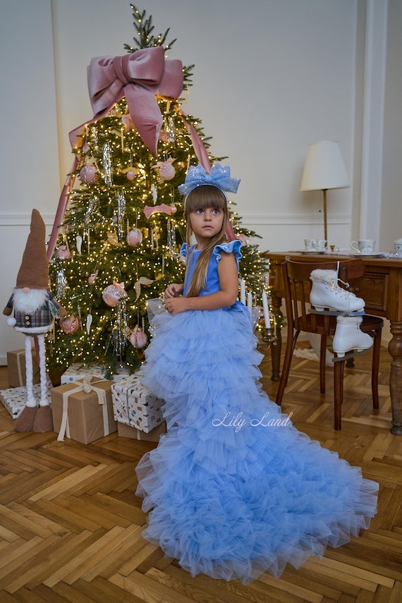 light blue christmas dress Velvet Holiday Photoshoot Outfit, Birthday Party Dress, Flower Girl, Princess With Train, Prom Ball Pageant Gown Sleeve Knit Dress from