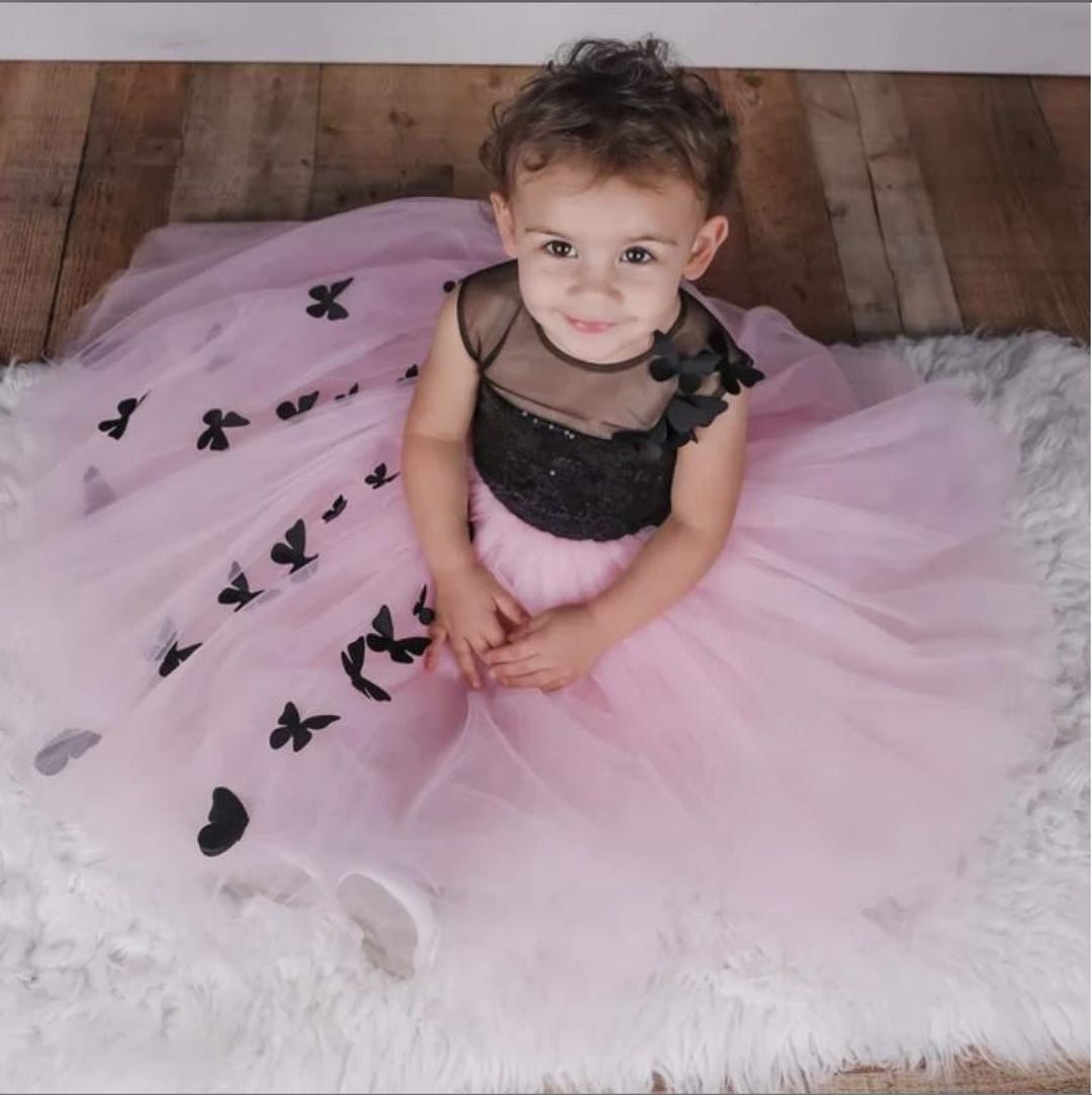 black pink tulle dress Little Girls Butterflies Dress, Black Pink Tutu Tulle Dress, Hi Lo Fluffy  Skirt, 3D Butterfly Applique Baby Toddler First Birthday, Pageant