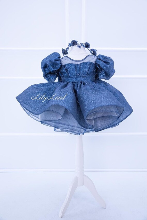 cute blue dresses for tweens Puffy Sleeves V-Back with Bowknot Satin Top Tulle Flower Girl Dress