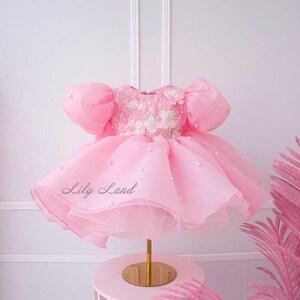 Doll Pink Pearls Flower Girl Dress, 1st Birthday Baby Tutu Toddler Princess Outfit, Special Occasion Pageant Wedding Prom Gown,Dance Apparel