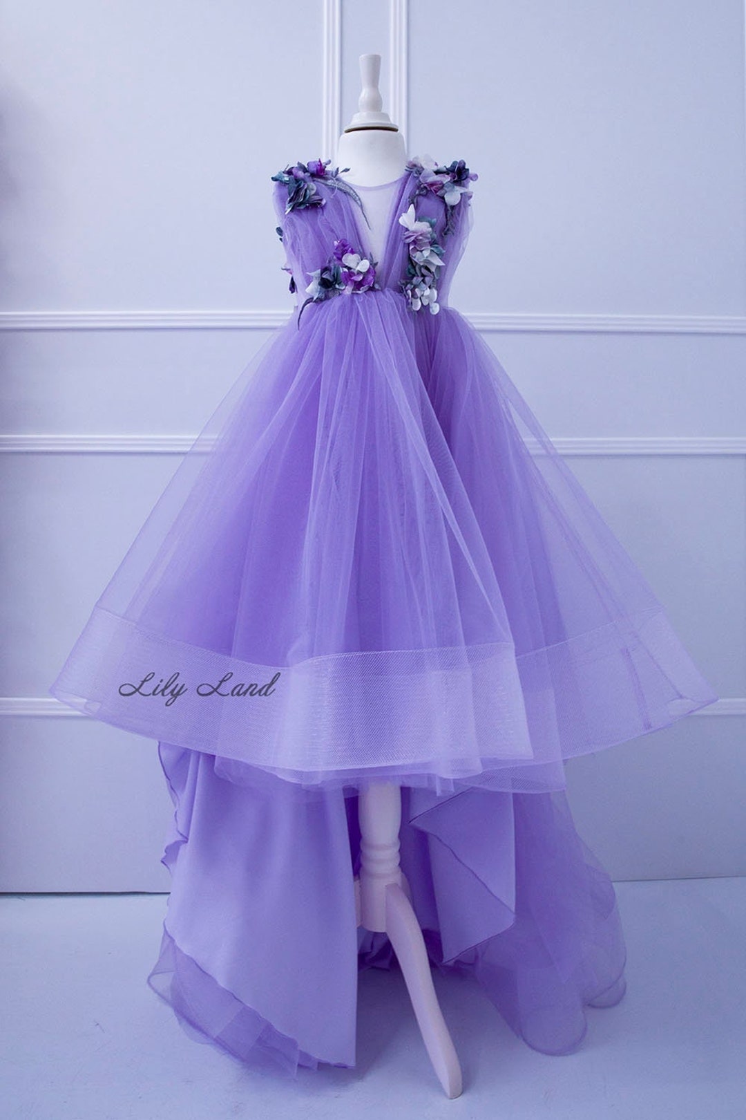Lavender Floral Lace Flower Girl Dress, Prom Dress With Train Ball Gown ...