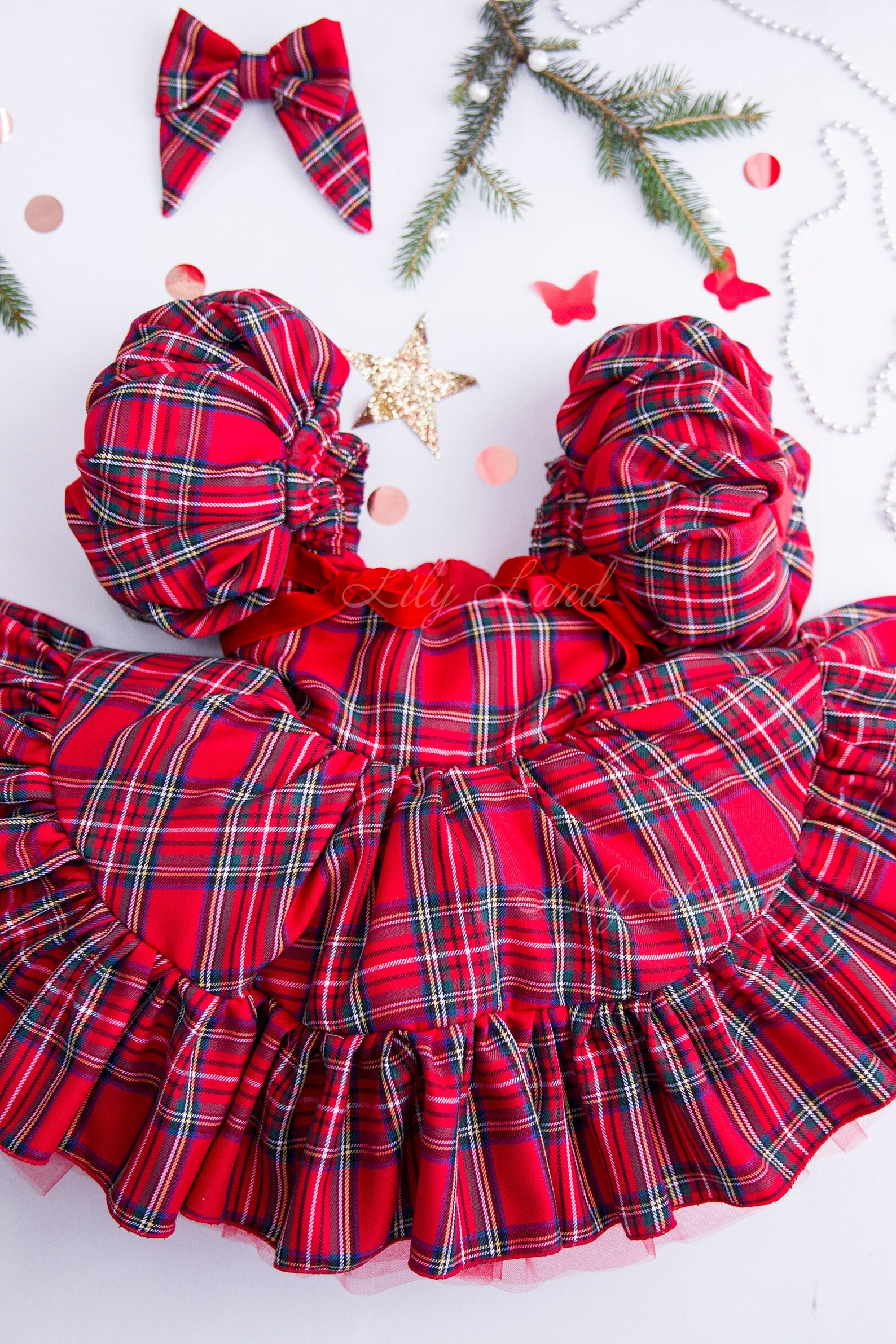 Petit Bebe Baby / Toddler Girls Red Holiday Plaid Dress - Red Bows at Sides
