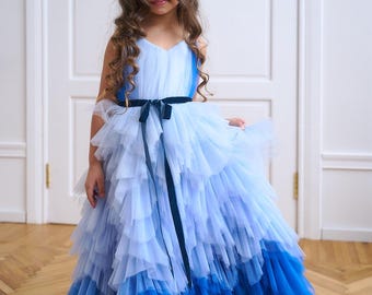 Blue Yellow Ombre Birthday Dress, Flower Girl, Special Occasion, Prom Ball Gown, Graduation Birthday Dance Outfit,Pageant Wedding Guest Look