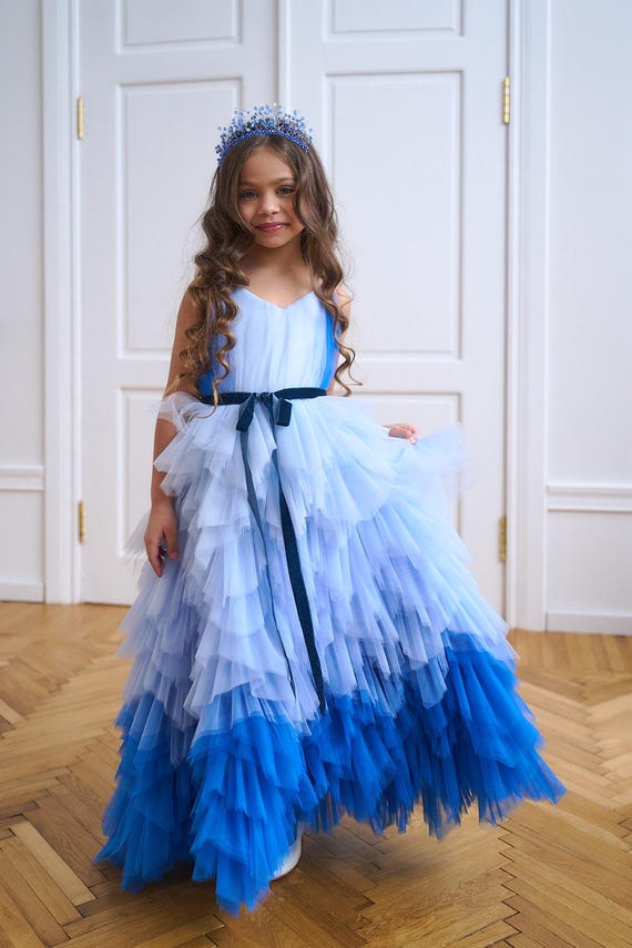 blue and yellow ombre dress Birthday Dress, Flower Girl, Special Occasion, Prom Ball Gown, Graduation Birthday Dance Outfit,Pageant Wedding Guest Look Mid Length Dresses How To Substitute A Size:140 Long tulle skirt is