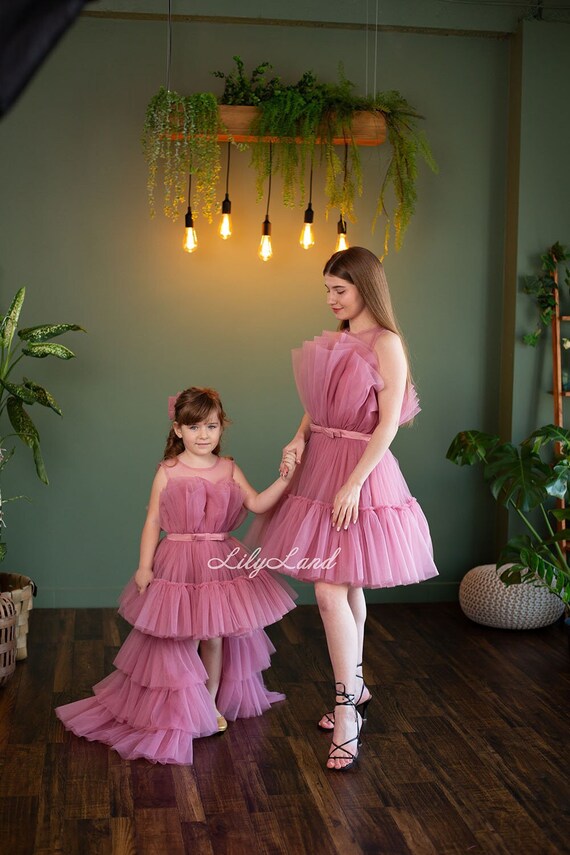 Dusty Rose Mother Daughter Birthday Dresses, Tutu Mommy Me Matching Prom Ball Gown, Tulle Wedding Guest Dresses, Photoshoot Prom Gown Dusty Rose Mother Daughter Birthday Dresses, Tutu Mommy Me Matching Prom Ball Gown, Tulle Wedding Guest Dresses, Photoshoot Prom Gown