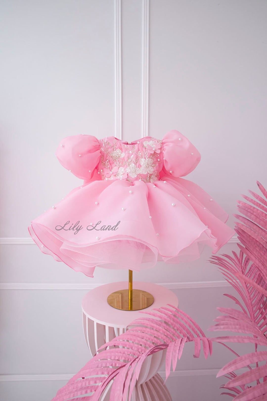 Pink Pearls Flower Girl Dress, Infant First Birthday Baby Dress, Tutu
