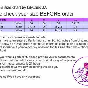 May include: A size chart for women's dresses, with measurements in inches for bust, waist, and hips. The chart includes sizes S, M, L, XL, and XXL. The text "Please check your size BEFORE order" is at the top of the chart. The text "LilyLandUA" is at the bottom of the chart.