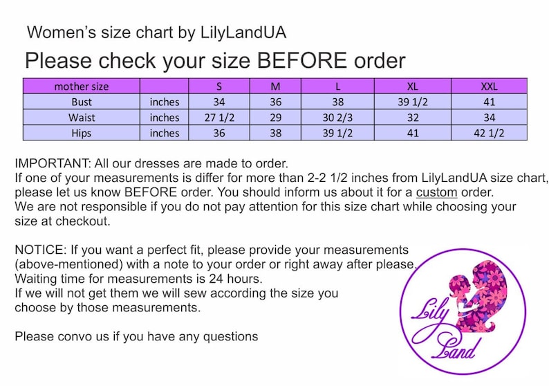 May include: A size chart for women's dresses, with measurements in inches for bust, waist, and hips. The chart includes sizes S, M, L, XL, and XXL. The text "Please check your size BEFORE order" is at the top of the chart. The text "LilyLandUA" is at the bottom of the chart.