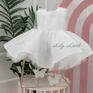 White Glitter Flower Girl Attire, First Communion, Baby Baptism, Christening, Special Occasion Birthday Party Dress, Prom Pageant Gown