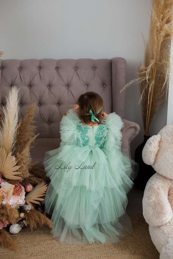 Sage Green Flower Girl Dress, Boho Puffy Baby Birthday Dress, Tulle Tutu Pageant Dress with Train, Wedding Guest Dress,Lace Bridesmaid Dress