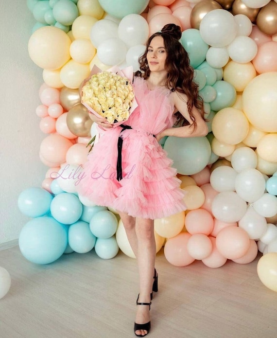 Lichtroze Tule jurk voor vrouwen, bruiloft gast jurk, korte knie