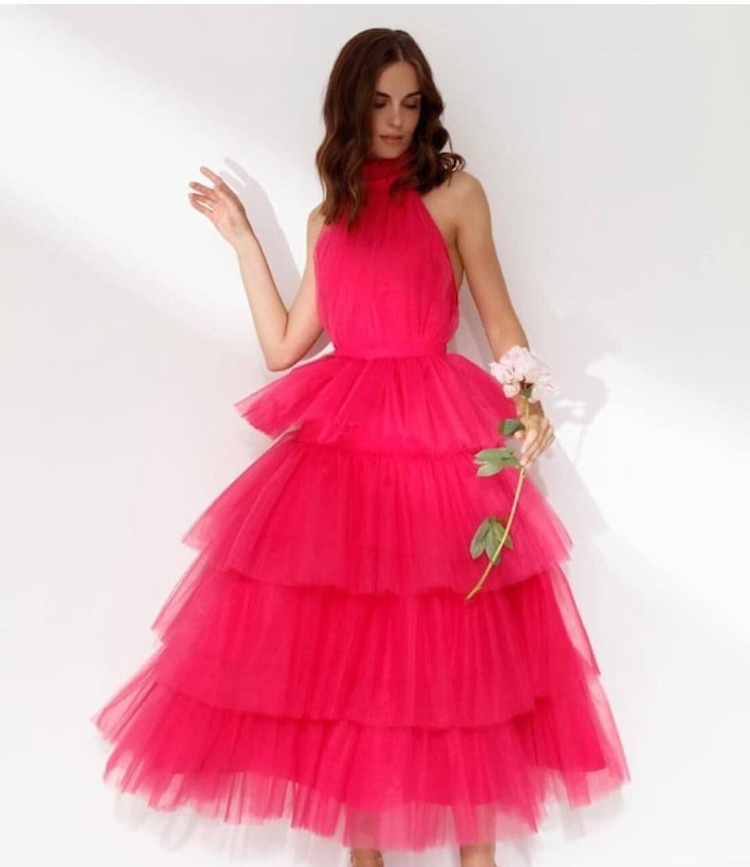 Hot Pink Wedding Guest Dress, Tulle Women Mauve Tea Length Dress