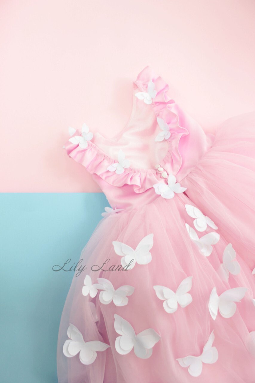open lace back dress Pink Tulle Tailback Party Wear Frock With 3D Butterfly Embellishment For Girls 6-12M (16) main image 1