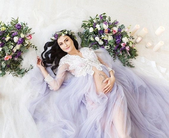 fitted lace wedding dress Buy Sale Fox Sexy Off the Shoulder Long Lilac Lace Maternity Dress –  Foxbackdrop main image 1