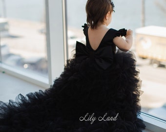 READY TO SHIP - Black Birthday Baby Dress, Flower Girl Dress, Princess Toddler Puffy Prom Pageant Gown Junior Wedding Guest Bridesmaid Dress