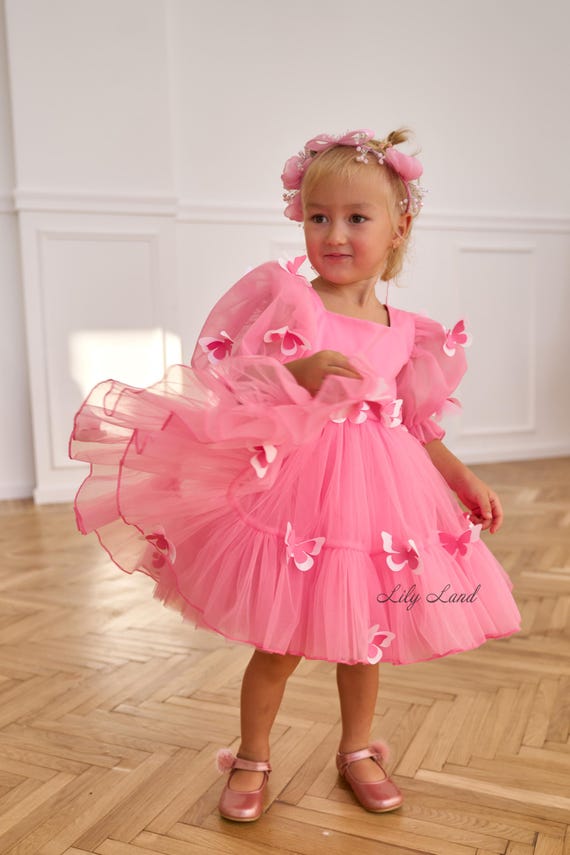 open lace back dress Butterfly Print Pink Flower Girl Dress for Wedding – Long Sleeve Tulle –  WonderlandByLilian