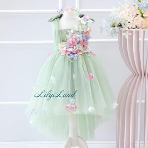 Salbeigrünes Baby-Geburtstagskleid mit Blumenmuster, Blumenmädchenkleid, Prinzessin-Märchen-Kleinkind-Abschlussballkleid für besondere Anlässe, Pageant-Fotoshooting-Kleid