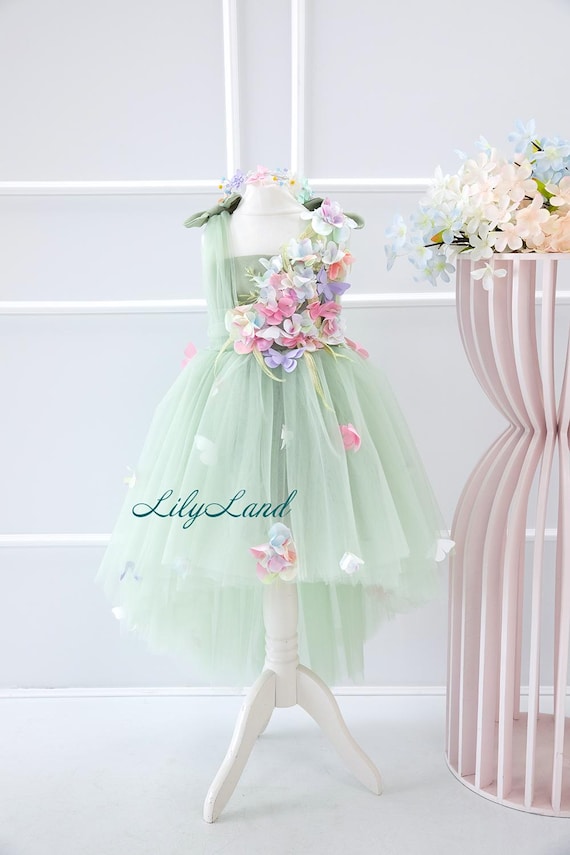 Sage Green Baby Floral Birthday Dress, Flower Girl Dress, Special Occasion Princess Fairytale Toddler Prom Gown, Pageant Photoshoot Dress