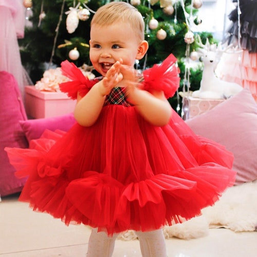 Red Christmas holiday dress for infants, babies, Red plaid Christmas outfit for kids, cute fluffy baby dress, size 9 12 months, 1 2 years