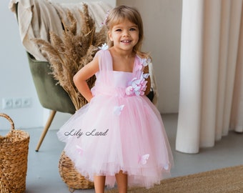 Pink Butterfly Dress, First Birthday Party Baby Dress, Flower Girl Gown, Tutu Toddler Dress, Special Occasion Dress, Fairy Princess Dress