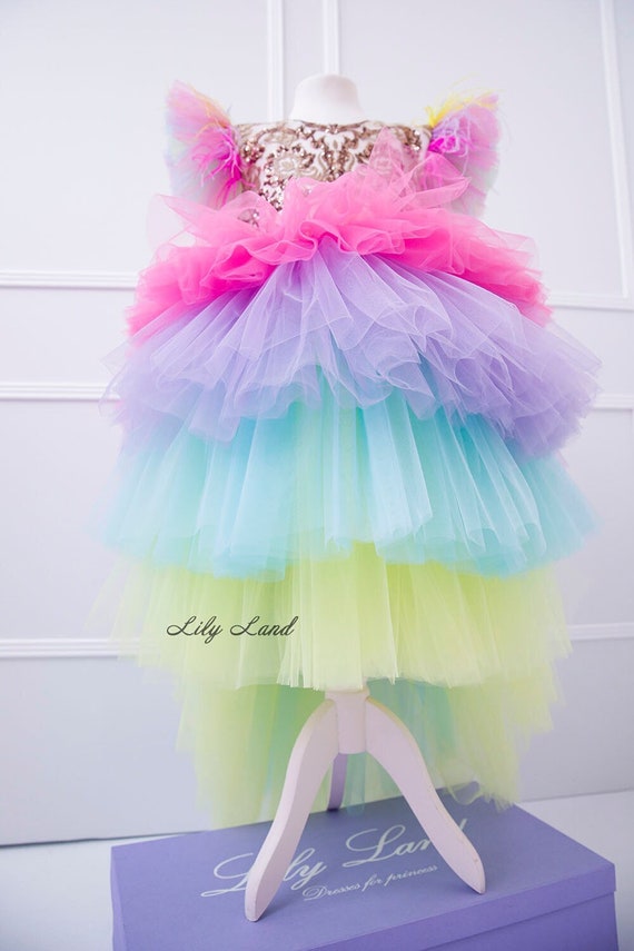 Unicorn Birthday Party Baby Girl Gown Rainbow Puffy Feathers Sleeve Toddler Dress Pageant Multilayered Dress Carnaval Outfit Etsy UK