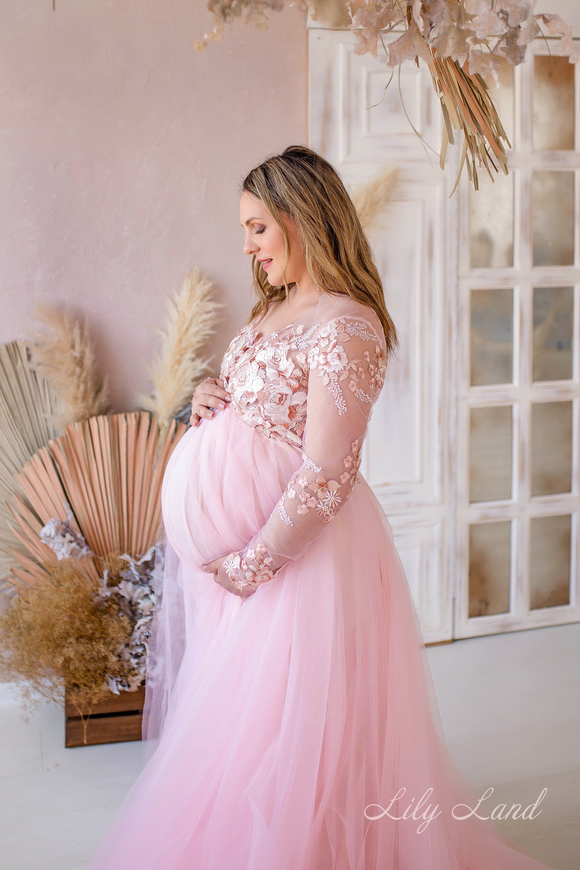 pink lace maternity maxi dress Momyknows Pink Lace Ruched Slit Splicing Bodycon Baby Shower Maternity Maxi Dress