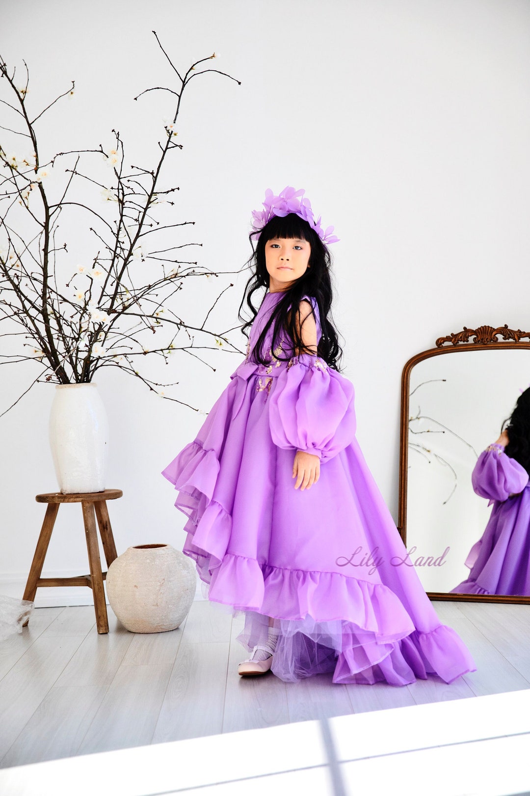 Purple Flower Girl Dress, Boho Birthday Party Baby Girl Dress, Hi Lo