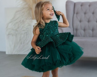 Emerald Green Sparkling Tutu Birthday Baby Dress, Winter Holiday Special Occasion Prom Gown Wedding Guest Pageant Photoshoot Wear