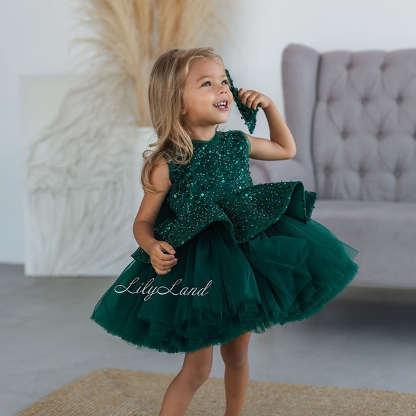 Emerald Green Sparkling Tutu Birthday Baby Dress, Winter Holiday Special Occasion Prom Gown Wedding Guest Pageant Photoshoot Wear