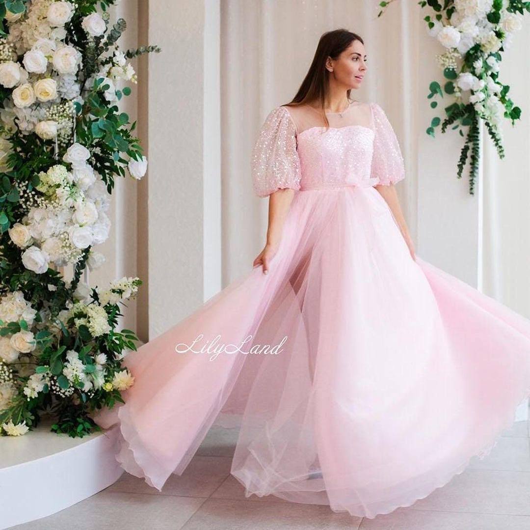 Tulle Light Pink Dresses For Juniors Pink Tulle A-line V-neck Beaded Prom  Dresses With