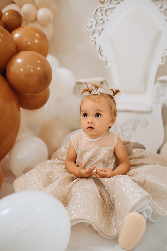 Gold Tutu Baby Girl Birtday Outfit, Infant Party Dress with Pearls, Short Puffy Flower Girl Toddler Dress, Special Occasion Princess Dress