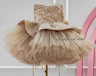 Ready to Ship - Cappuccino Sparkling Birthday Baby Dress, Flower Girl, Tutu Toddler Dress, Princess Party Dress, Special Occasion Prom Gown