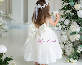 Lace Flower Girl Birthday Party Maxi Dress, First Communion, Graduation Gown Ivory White Gold Baptism Dress, Pageant Baby Gown Wedding Guest