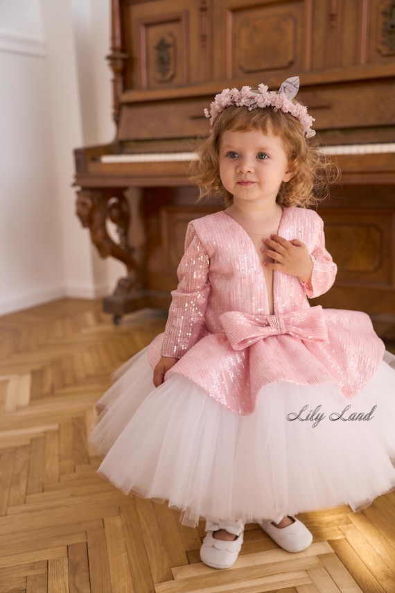 little girls winter pageant dresses Blush Pink Long Sleeve Sequin Dress, First Birthday Baby Party Outfit, Christmas Photoshoot Flower Girl Dress, Holiday Wear Dress your little girl Bandana Khy by Kylie Jenner Color:PERIWINKLE