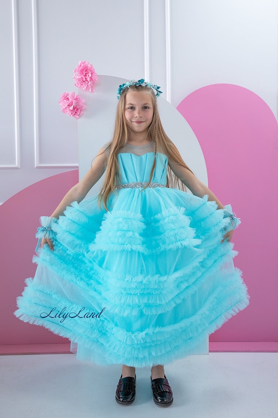 Turquoise Maxi Prom Ball Dress, Wedding & Birthday Girl Dress, Tutu Ruffles Princess Dress, Flower Girl Dress, Special Occasion Toddler Gown