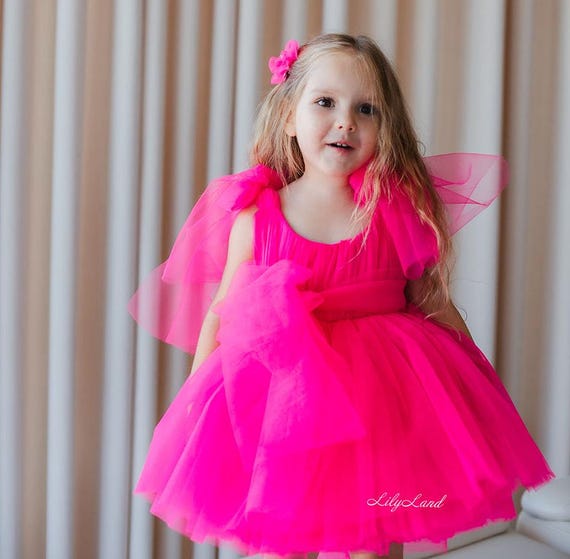 Hot Pink Puffy Flower Girl Dress, First Birthday Baby Dress, Puffy Pageant Special Ocassion Dress, Prom Gown, Mini Junior Bridesmaid Wear Hot Pink Puffy Flower Girl Dress, First Birthday Baby Dress, Puffy Pageant Special Ocassion Dress, Prom Gown, Mini Junior Bridesmaid Wear