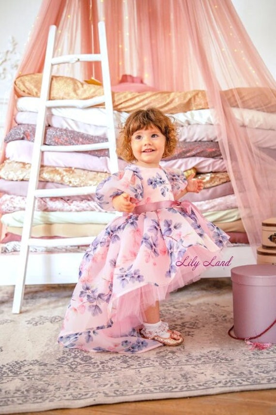 baby girls floral cotton sateen dress Pink satin cotton mini floral baby dress with bow with matching knickers 9-12 months