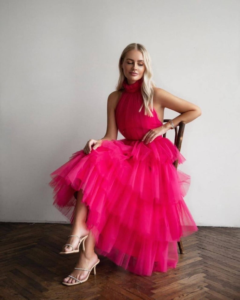 Hot Pink Wedding Guest Dress Tulle Women Mauve Tea Length - Etsy