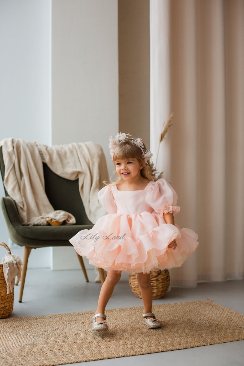 May include: A young girl wearing a light pink tulle dress with a ruffled skirt and puffy sleeves. She is wearing a flower crown and smiling. The dress has the text "Lily Land" printed on the skirt.