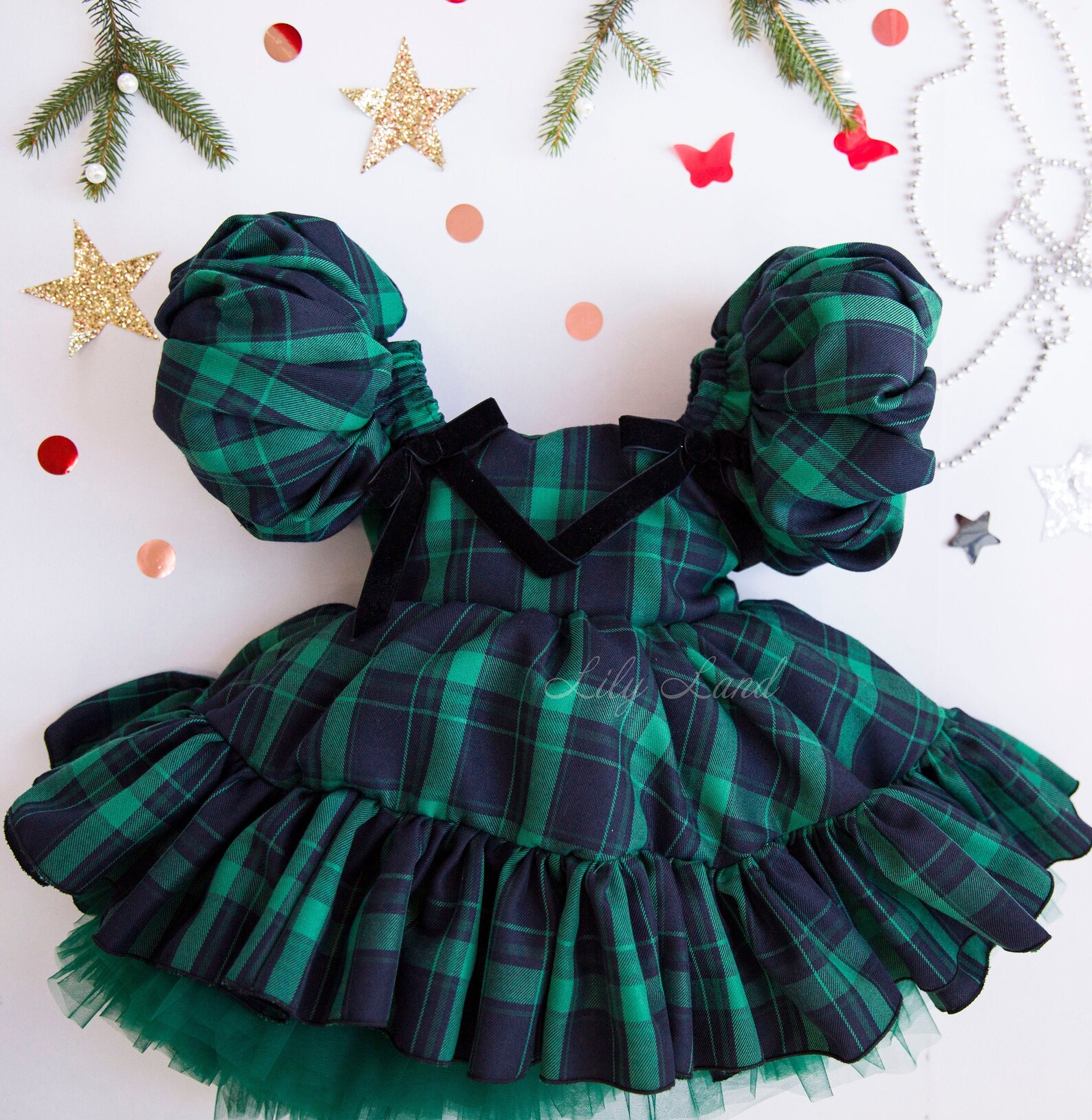 Petit Bebe Baby / Toddler Girls Red Holiday Plaid Dress - Red Bows at Sides main image 1